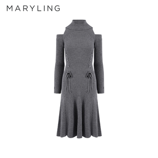 MARYLING玛俪琳2022秋季 裙羊毛针织连衣裙A1CGW04120 灰色露肩修身