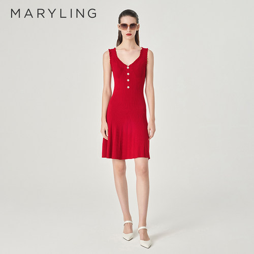 MARYLING嫣红V领针织连衣裙