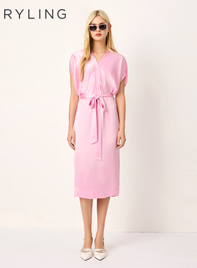 MARYLING玛俪琳2025春季新品樱花粉V领T型绑带连衣裙A1FCW63610