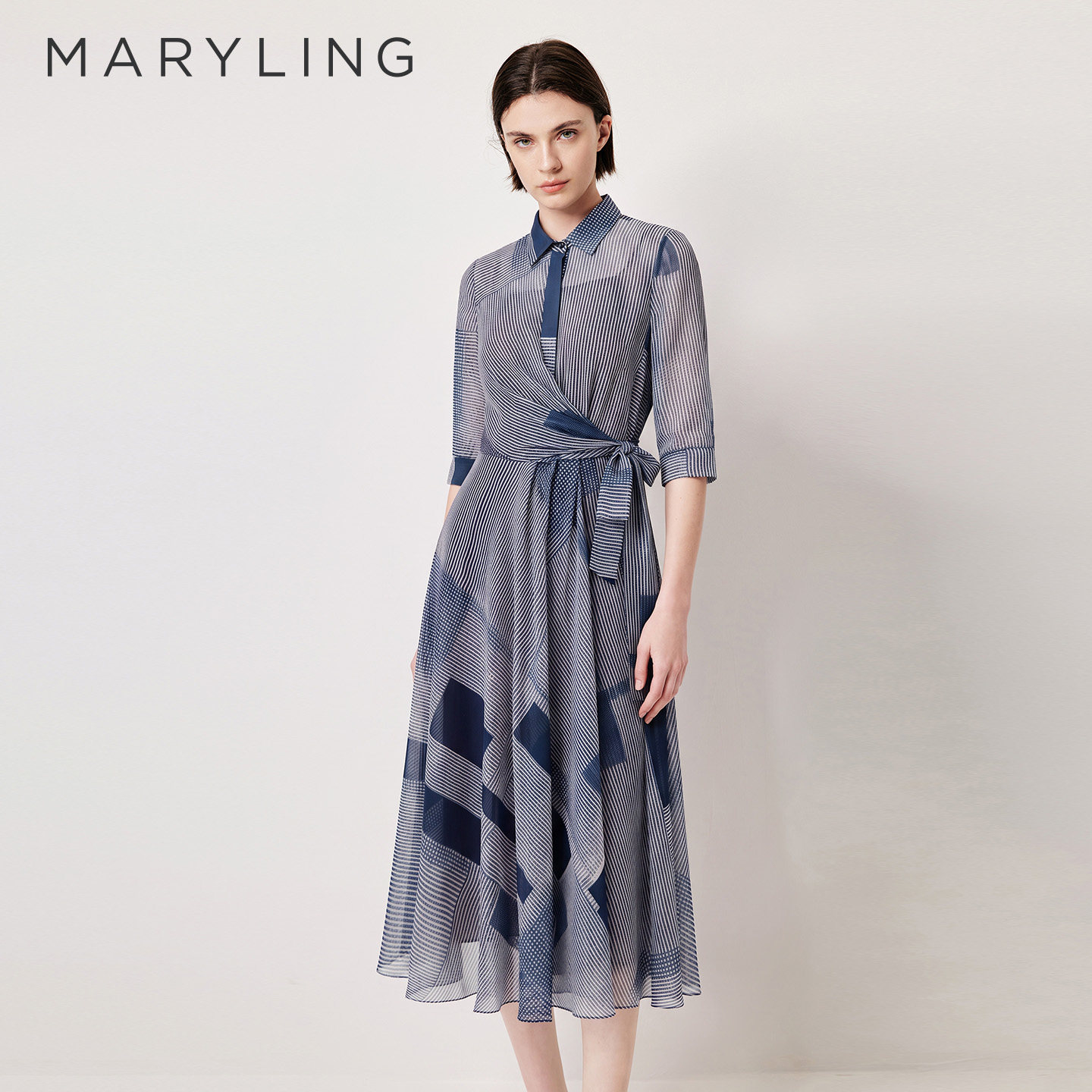 MARYLING玛俪琳撞色印花A字收腰衬衫式连衣裙A1AB65320