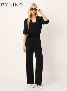 MARYLING玛俪琳2025夏季新品黑色V领桑蚕丝中袖上衣A1FCW26620