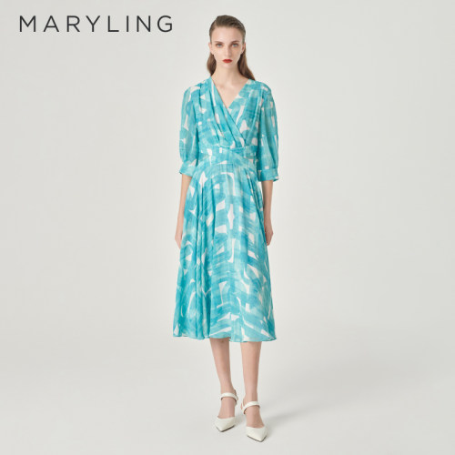 MARYLING印花V领连衣裙
