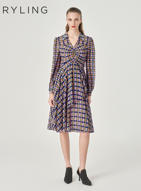 MARYLING玛俪琳24初春新品紫蓝色衬衣式V领印花连衣裙A1EAW62700