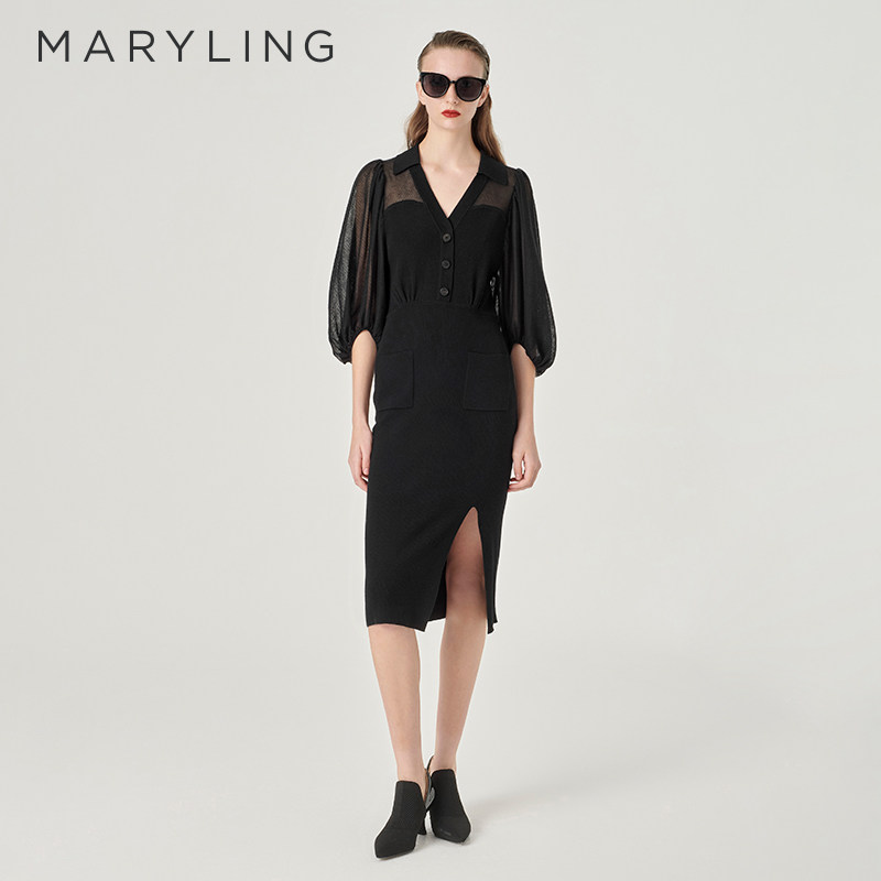 MARYLING玛俪琳春季新品黑色泡泡袖针织连衣裙A1EBW04