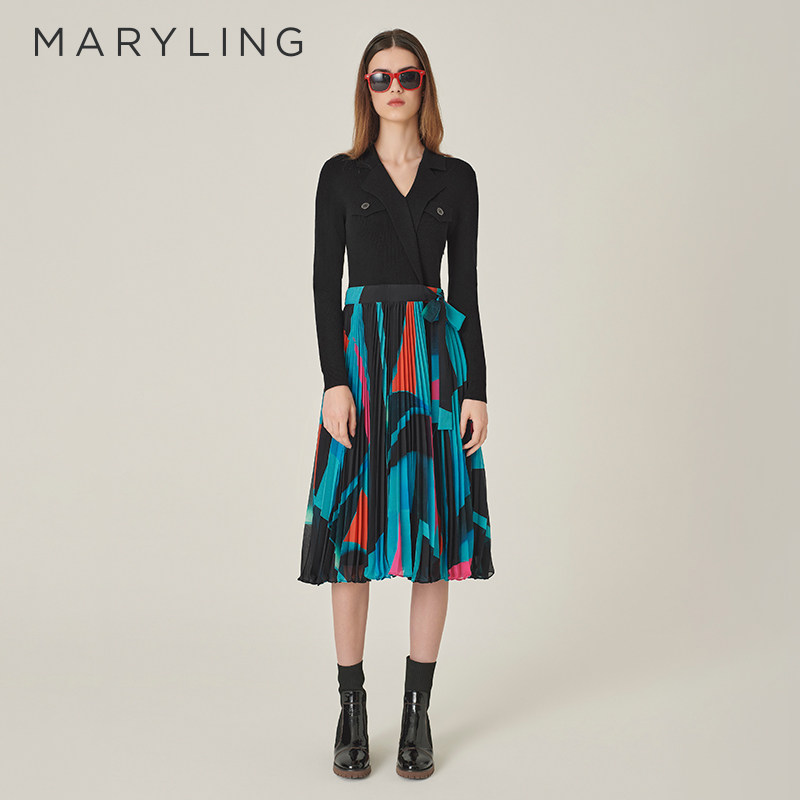 MARYLING玛俪琳秋季新品V领气质百褶裙针织拼接印花收腰连衣