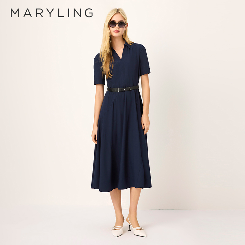 MARYLING翻领短袖收腰大摆连衣裙