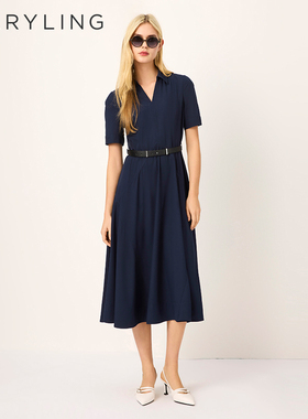 MARYLING玛俪琳2025春夏新品翻领深蓝色短袖连衣裙A1FCW62270