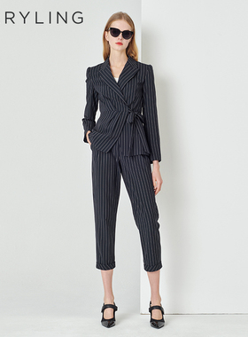 MARYLING玛俪琳春秋蓝底白条尖翻领条纹西装外套A1DAW14060