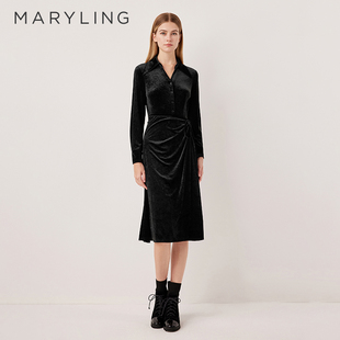 MARYLING玛俪琳2025秋季新品黑色翻V领丝绒开衩连衣裙A1FGW61010