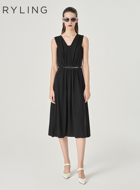 MARYLING玛俪琳夏季新品黑色V领无袖修身连衣裙A1EDW64240