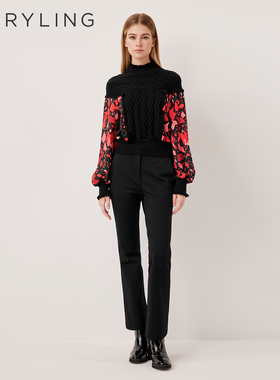 MARYLING玛俪琳2025冬季新品复古针织拼接黑红印花上衣A1FIW26330