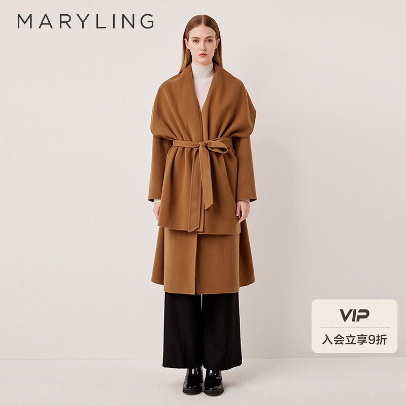 MARYLING玛俪琳2025冬季新品驼色披肩双面呢系带大衣A1
