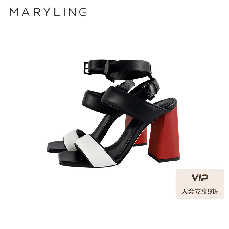 MARYLING玛俪琳夏季时尚白色中跟高跟真皮凉鞋女A8CAWS