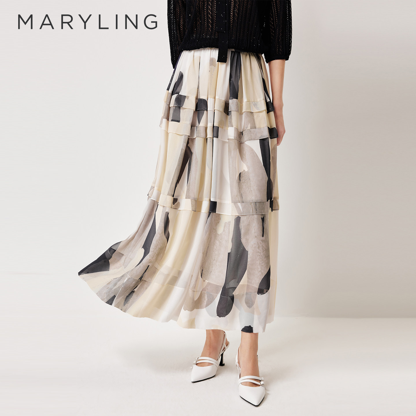 MARYLING玛俪琳2026春季新品米黑拼色抽象笔触印花半裙A1GBW72320