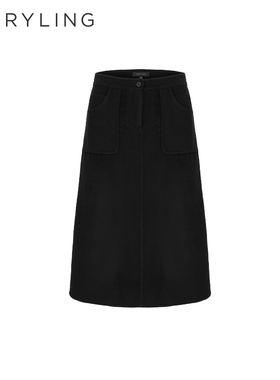 MARYLING玛俪琳秋冬新品黑色后开叉双面丝毛呢半身裙A1EHW72270