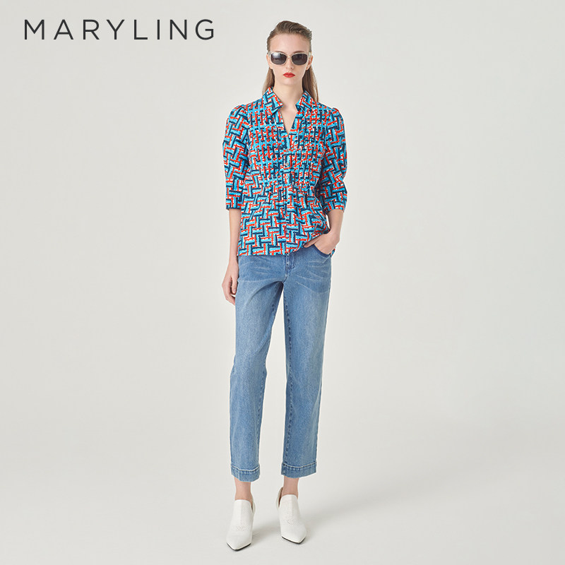 MARYLING玛俪琳夏季新品蓝红格纹A型宽松上衣A1ECW20570