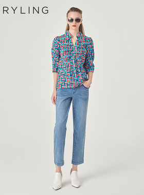 MARYLING玛俪琳夏季新品蓝红格纹A型宽松上衣A1ECW20570