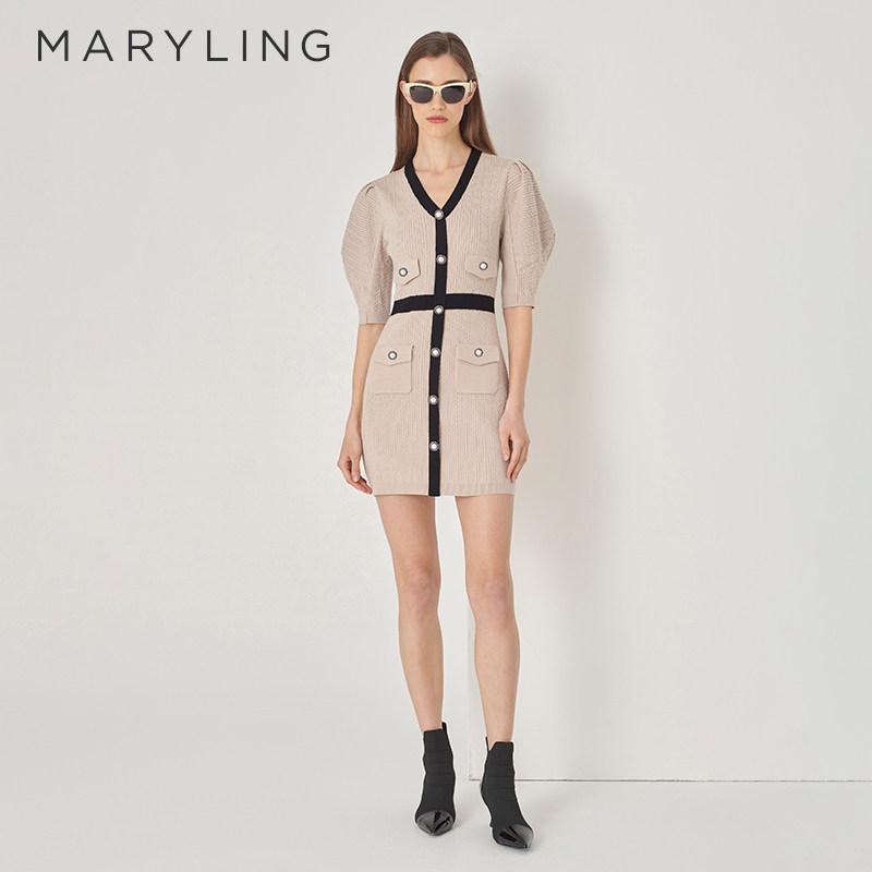 MARYLING玛俪琳初秋新品沙色V领羊毛针织连衣裙A1DFW04580