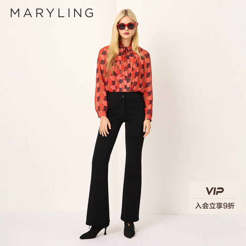 MARYLING玛俪琳2025春新品红色千鸟格V领系带印花上衣A
