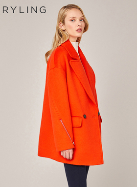 MARYLING玛俪琳冬季橙红双排扣外套宽松羊毛呢大衣A1BHW93110
