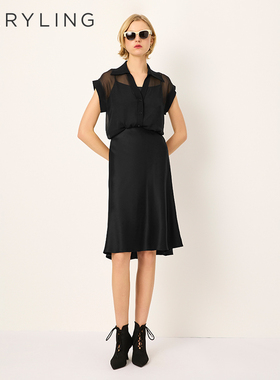 MARYLING玛俪琳2025夏季新品黑色翻V领两件套无袖上衣A1FDW26600