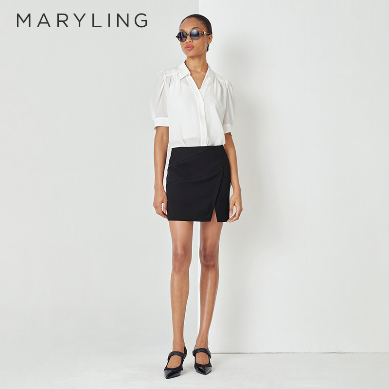 MARYLING玛俪琳夏季新品白色衬衫领A摆真丝上衣A1DDW20650