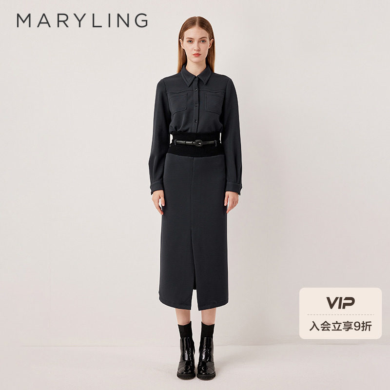 MARYLING玛俪琳2025秋季新品高腰宽腰封双腰带直筒半裙A