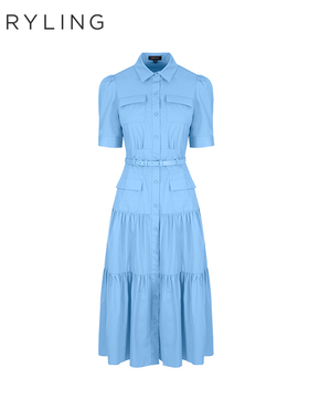 MARYLING玛俪琳春季新品天空蓝衬衫领塔塔连衣裙A1EBW63040