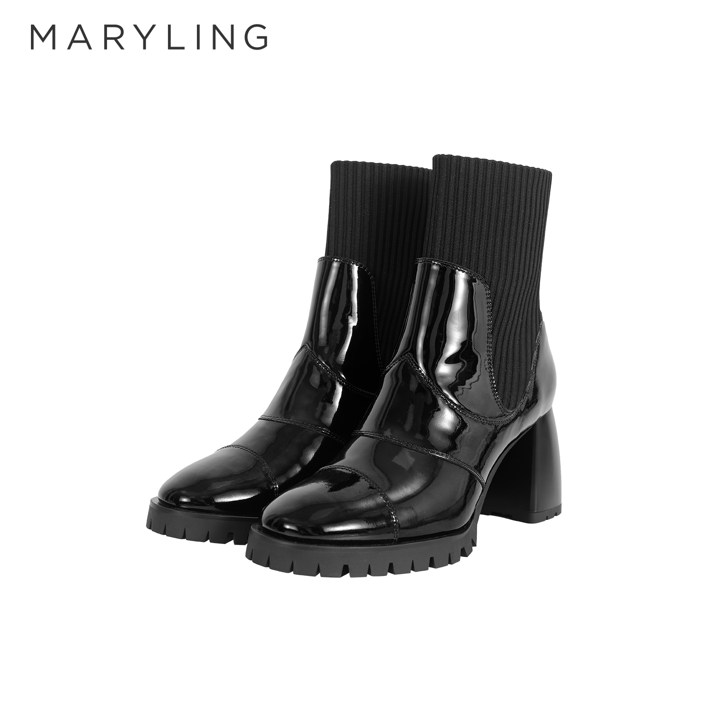 MARYLING玛俪琳秋冬气质优雅黑色漆皮拼接中筒靴A8FFWSB002