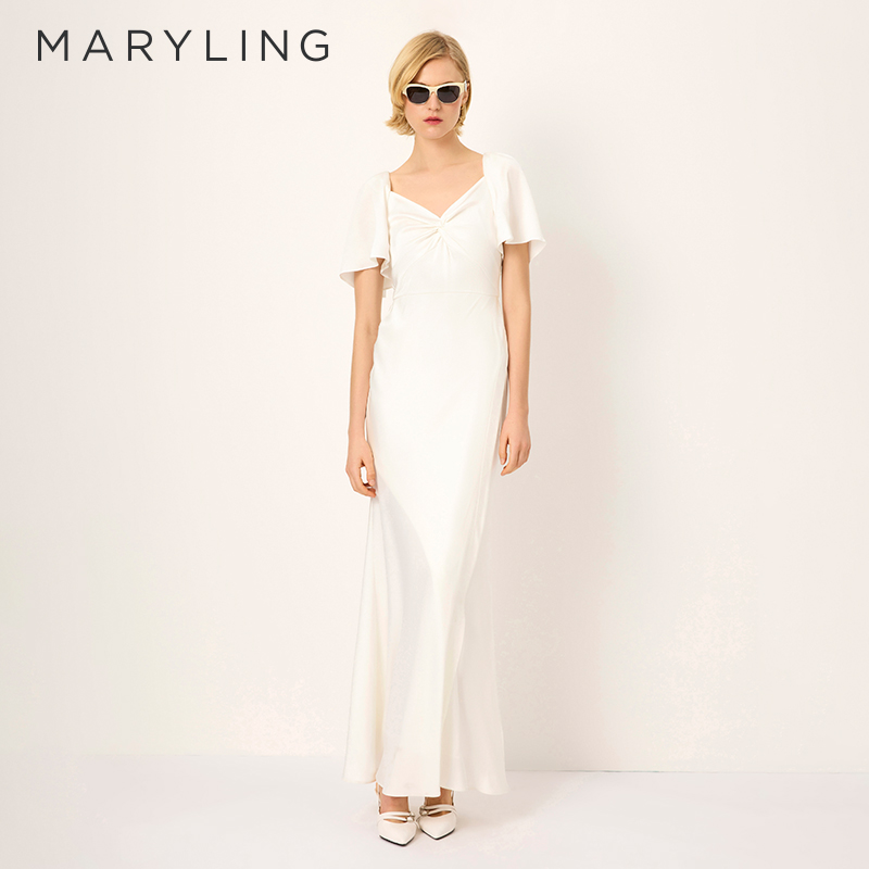MARYLING喇叭短袖V领白色礼服裙