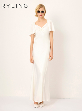 MARYLING玛俪琳2025春夏醋酸喇叭短袖V领白色礼服裙A1FCW68050