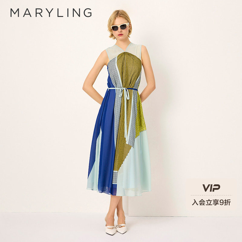 MARYLING玛俪琳2025初夏艺术拼色块印花无袖V领连衣裙A