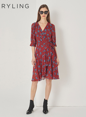 MARYLING玛俪琳春秋新品红色花海V领碎花连衣裙A1DFW61310
