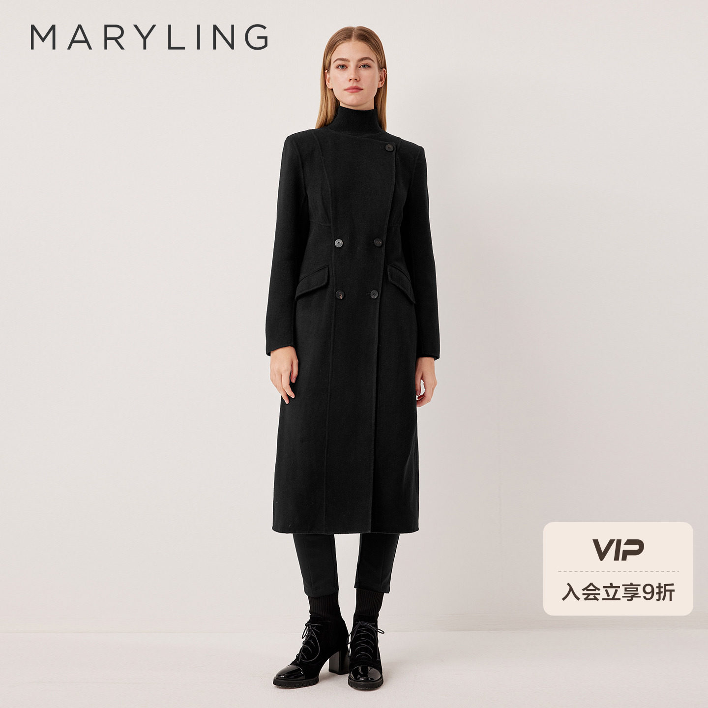 MARYLING玛俪琳2025冬季新品百搭黑色圆领复古长款大衣A