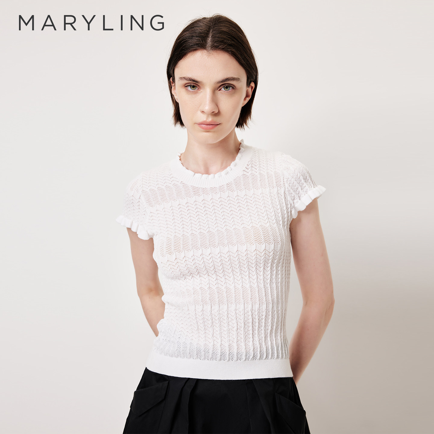 MARYLING玛俪琳2026夏季新品白色立体竖纹肌理针织T恤A1GCW01170