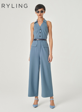 MARYLING玛俪琳春季新品雾蓝色翻领露肩设计连体裤A1EBW57010