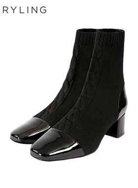 MARYLING玛俪琳2021冬季漆皮拼弹力针织靴粗跟百搭鞋子A8AGSB003