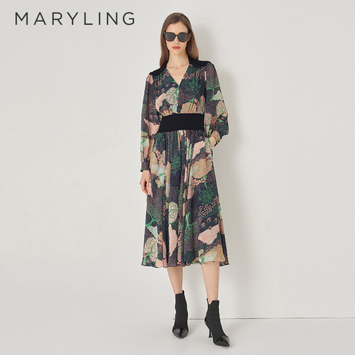 MARYLING印花V领连衣裙
