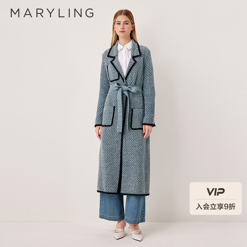 MARYLING玛俪琳2025秋季新品翻领大理石蓝撞色针织外套A