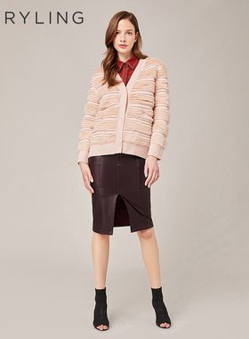 MARYLING玛俪琳时尚优雅酒红色开叉半身裙包臀皮裙A1BGW77010