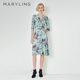 MARYLING玛俪琳初夏新品 浅绿夏日丛林V领印花连衣裙A1DCW62650