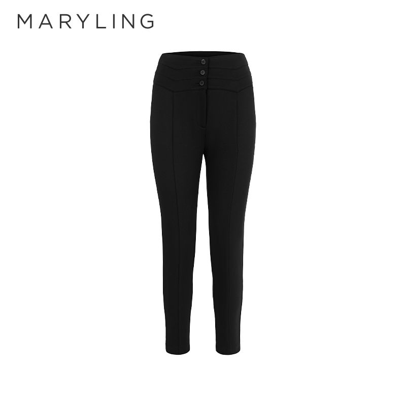 MARYLING高腰破缝线黑色烟管裤