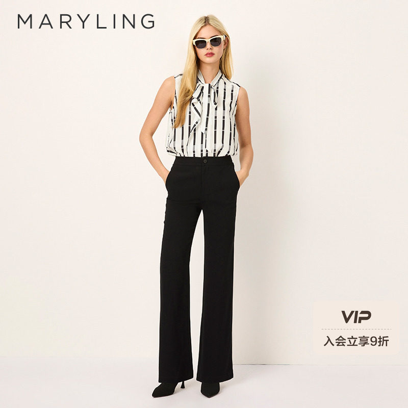 MARYLING玛俪琳2025春季新品条纹系带不对称荷叶边上衣A