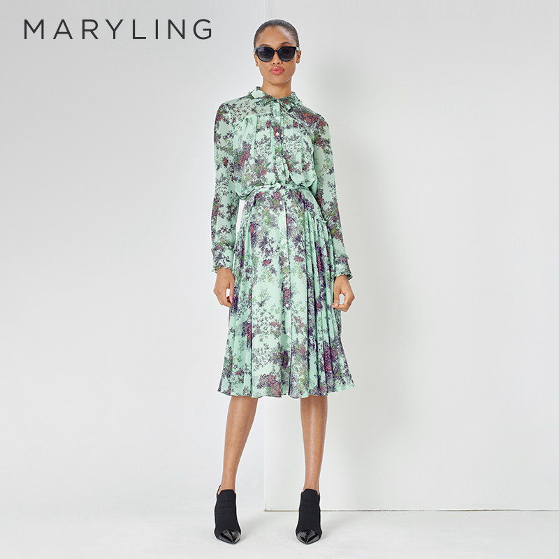 MRYLING玛俪琳初夏新品浅绿木耳边小碎花印花半身裙A1DCW