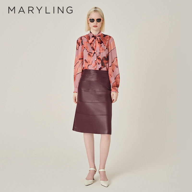 MARYLING玛俪琳初秋新品酒红色小鱼尾绵羊皮半身裙A1EFW77020