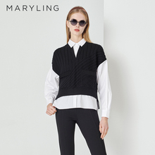 MARYLING玛俪琳官方正品黑白撞色假两件上衣羊毛针织衫冬季新款