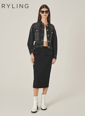 MARYLING玛俪琳秋季新品黑色腰部交叉镂空牛仔夹克A1EFW14020