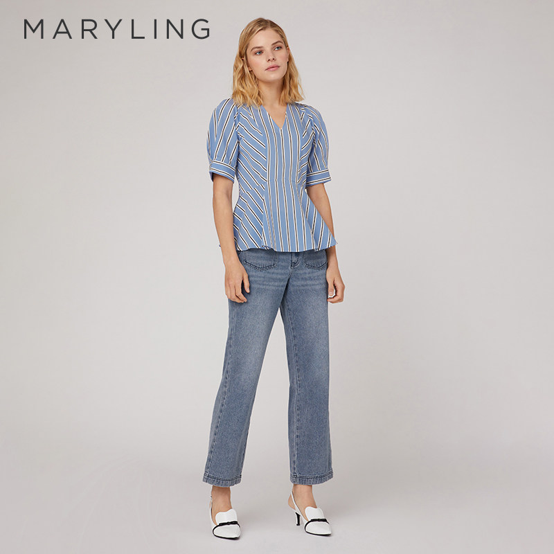 MARYLING玛俪琳2023夏季时尚简约V领条纹拼接波浪上衣A1CDW26610 - 实物图