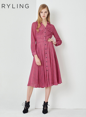 MARYLING玛俪琳24春季新品冰块方点格衬衣式V领连衣裙A1DAW61240