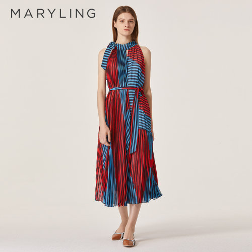 maryling秋季印花连衣裙条纹长裙